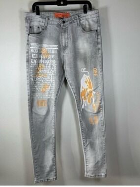 Off-White Light Gray Skinny Jeans with Orange Accents. 36